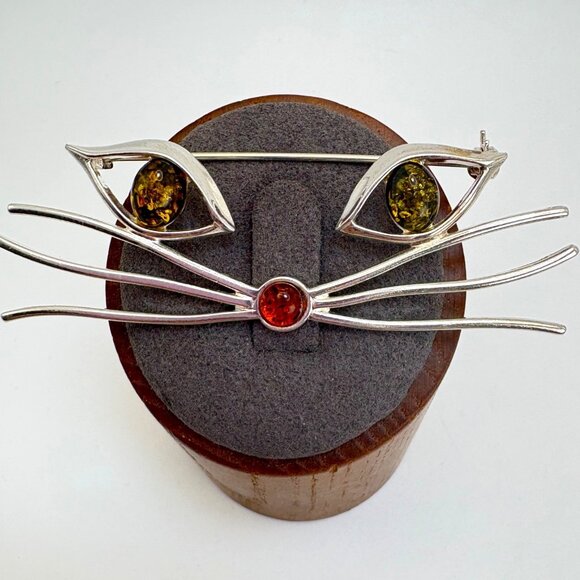 Jewelry - Sterling Silver 925 Cat Brooch Cat Whiskers Eyes Baltic Amber Statement Pin